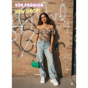Y2k Womena Crop Top Size M Multicolor Animal Floral Mesh Ruched Indie Boho